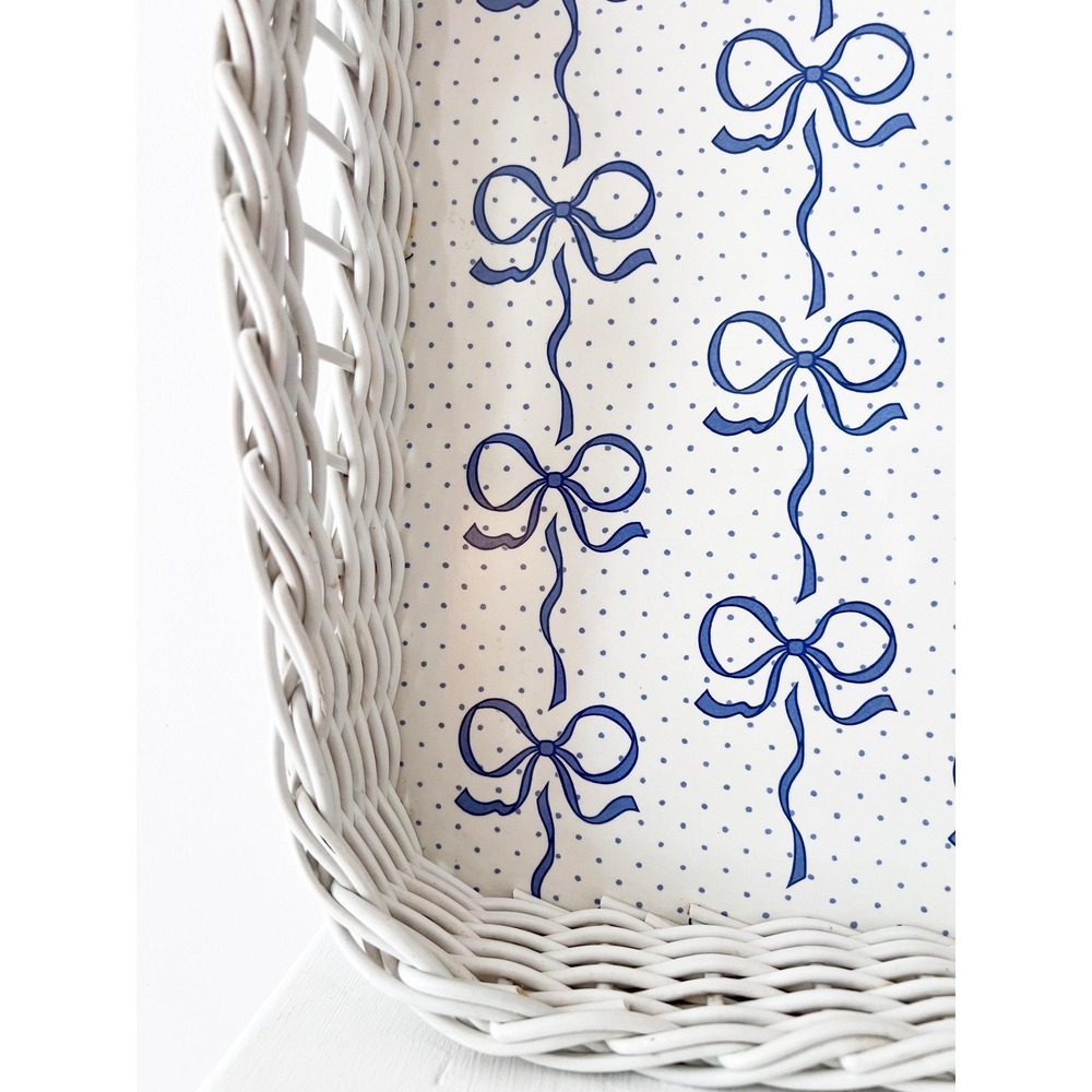 Large Blue & White Bow Print Tray with Wicker Rim Serving Tray, Tea Tray - Picture 2 of 6